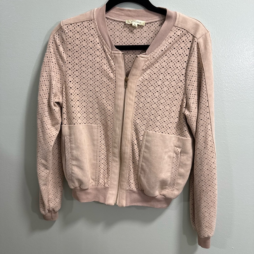 Alythea Blush Perforated Faux Suede Bomber Jacket‎
